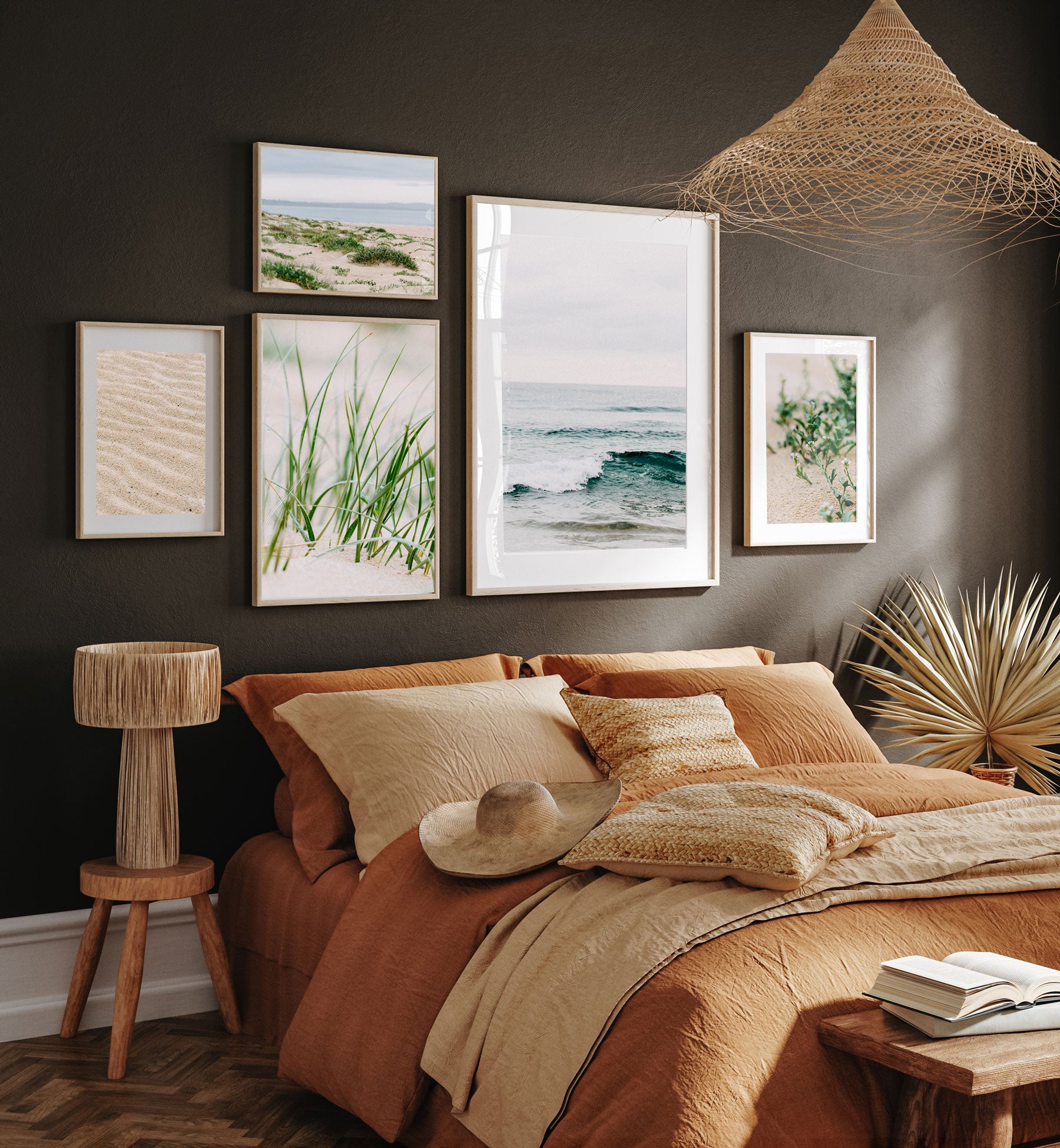 Emily O'Brien Moruya Sand photographic print featuring a serene beach scene framed for bedroom decor.