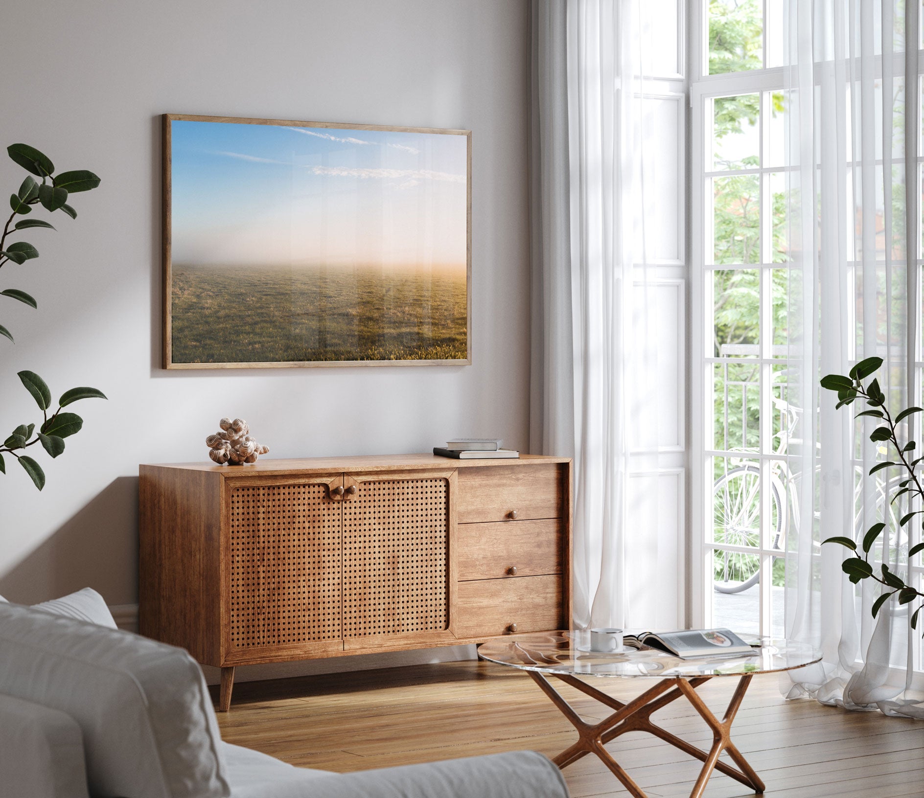 Emily O'Brien Brushwood Farm IV photographic print featuring a serene rural landscape scene in a living room setting.
