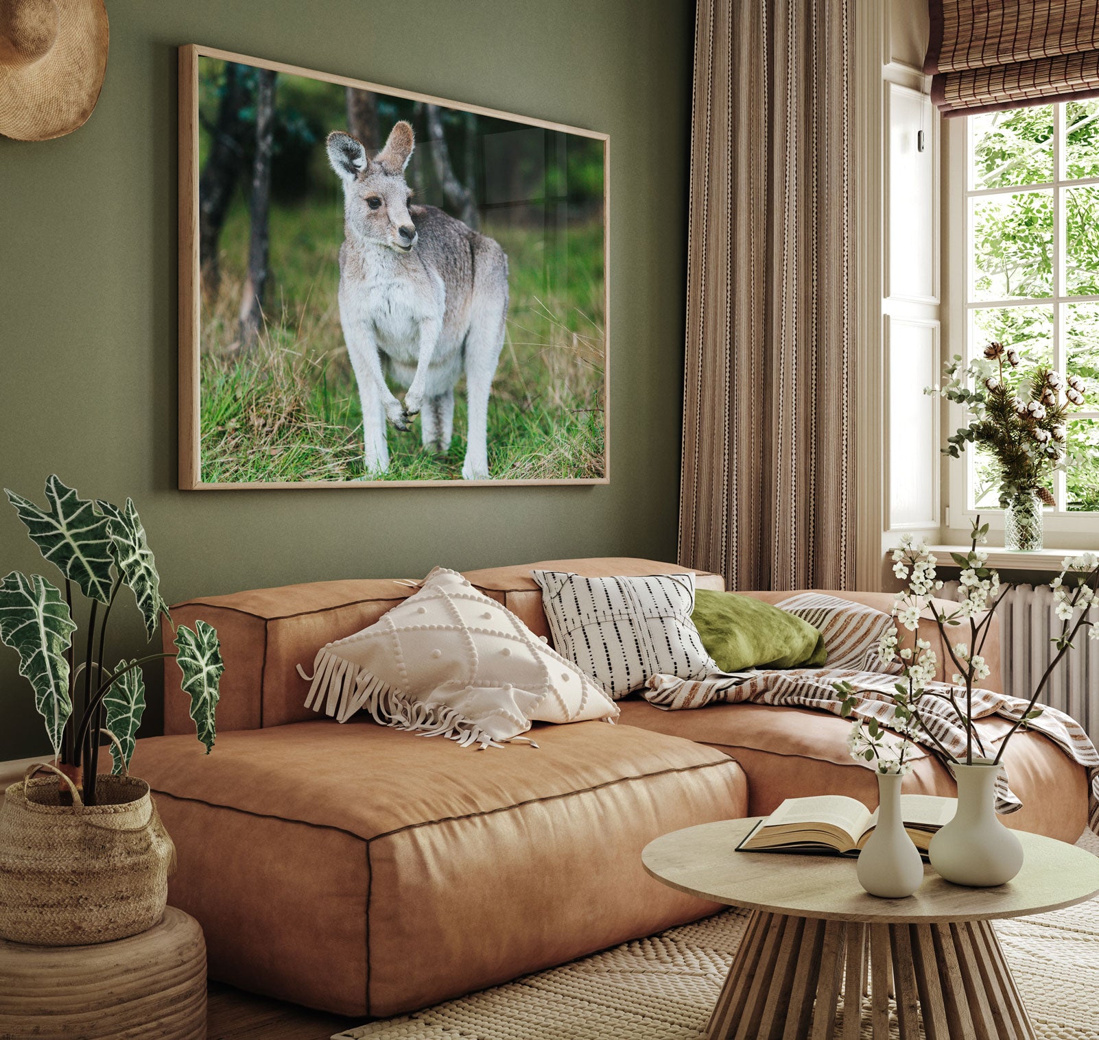 Highland Wild Roo photographic print by Emily O'Brien showing a kangaroo in a green landscape scene.