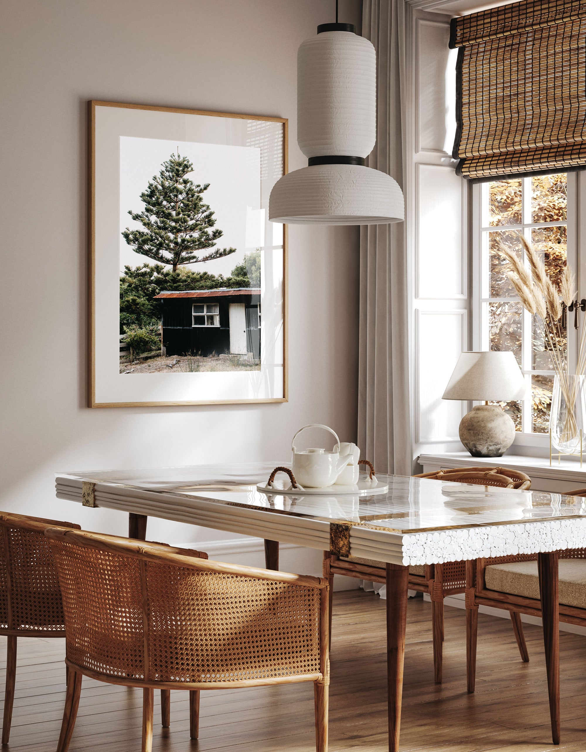 Emily O'Brien Hawley Beach Shack photographic print showing a cozy dining room scene with warm lighting and seaside decor.